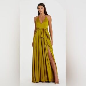 Mac Duggal Chartreuse Halter Neck Charmeuse Gown
